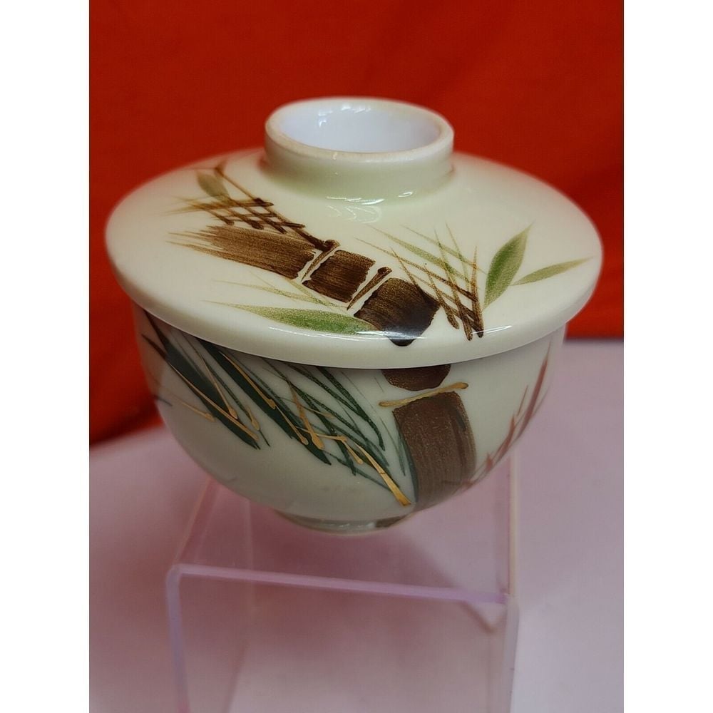 Antique Chinese Lidded TEA BOWL Teacup Rice Bowl Hand Painted BAMBOO GOLD GILT