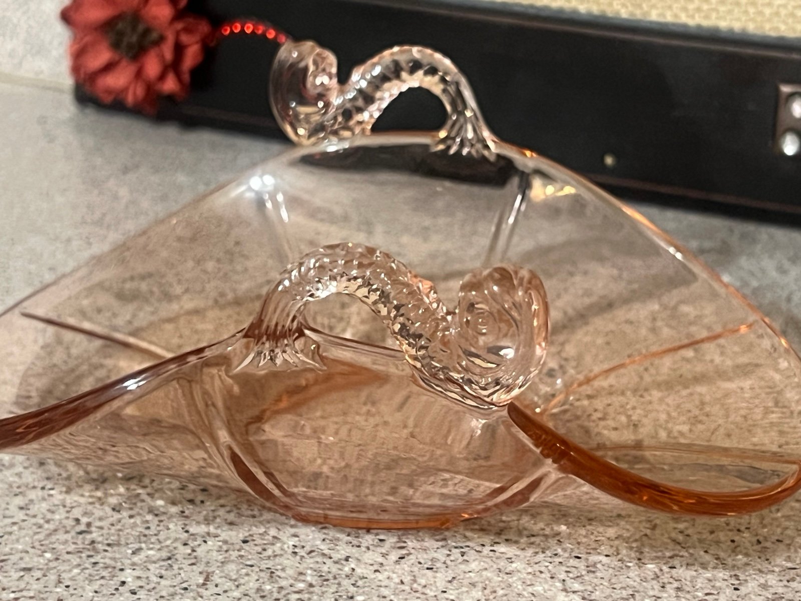 Pink Depression Glass Koi Fish Handle Dish