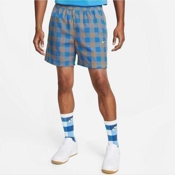 Nike Life Plaid Checkered Shorts Dark Driftwood Photo Blue Men's S DQ5186-258
