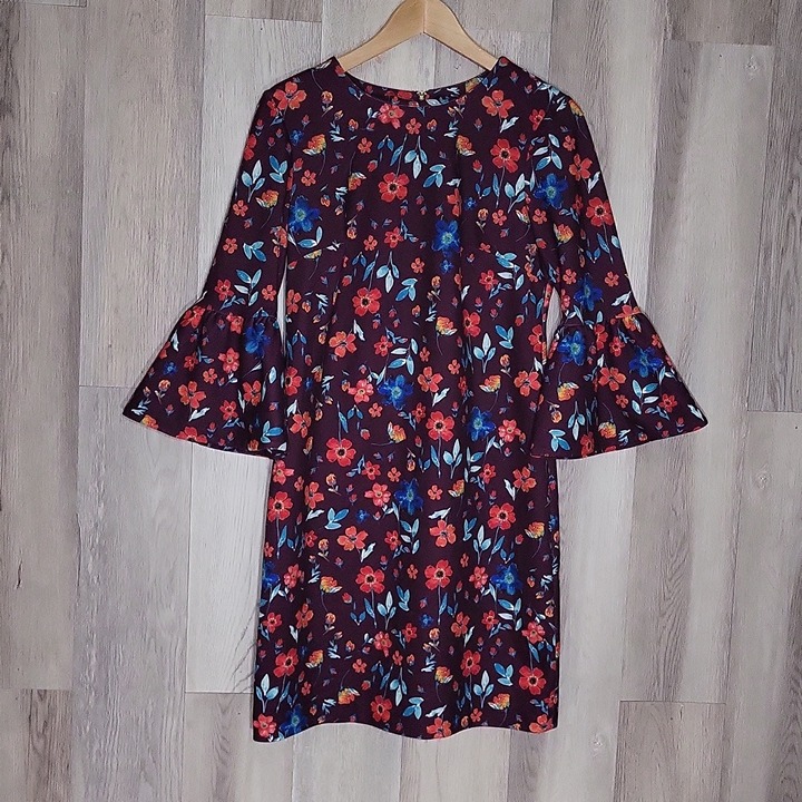 Calvin Klein Womens 6 Aubergine Floral 3/4 Bell Sleeve Shift Dress Dressy Casual