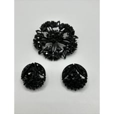 Vintage Black Stone Open Back Round Brooch Pin And Clip On Earring Set