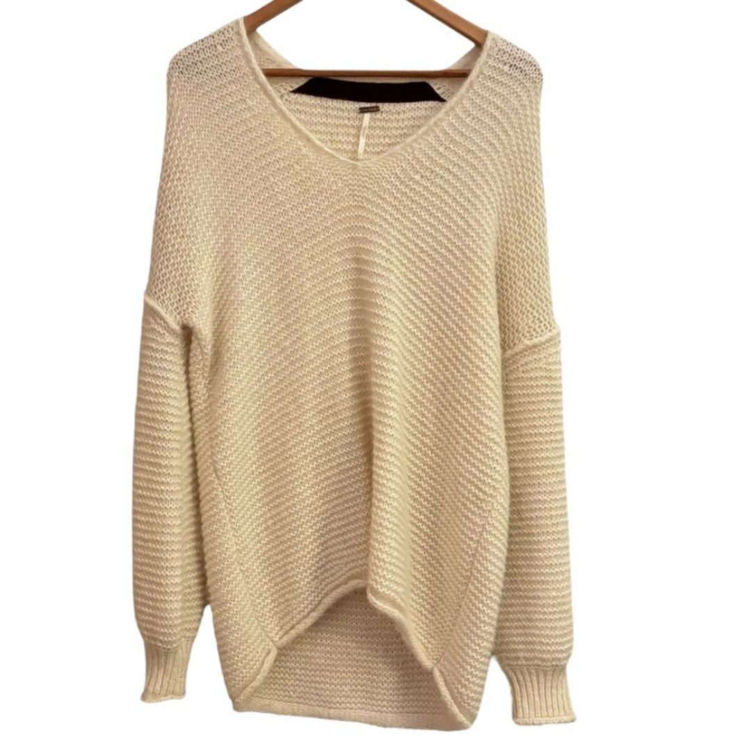 Free People Cotton Alpaca Oversized Cream Knit V Neck Long Sleeve Sweater XS