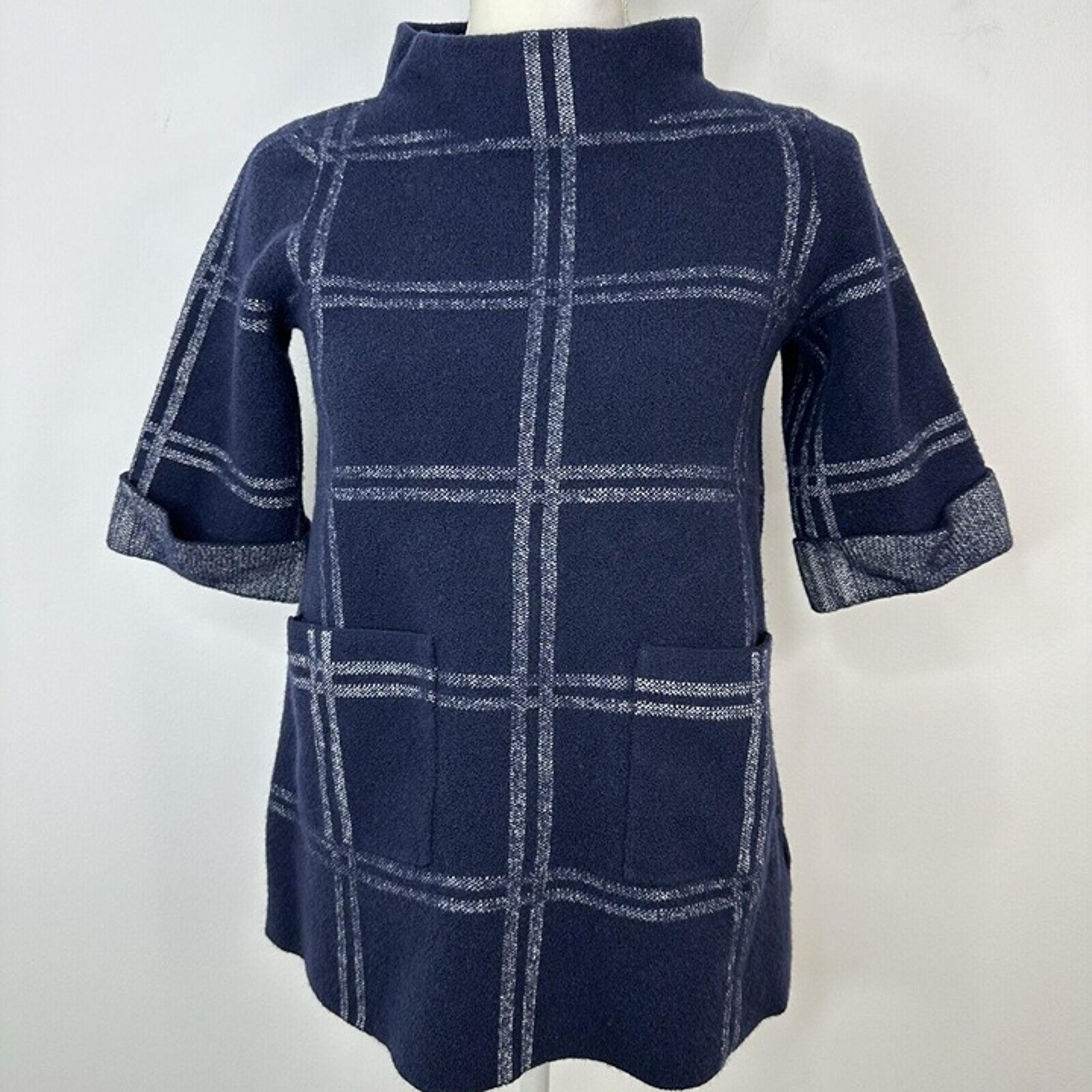 Moth Anthropologie Women's Window Pane Wool Blend Sweater Blue Pockets Cowl Lg