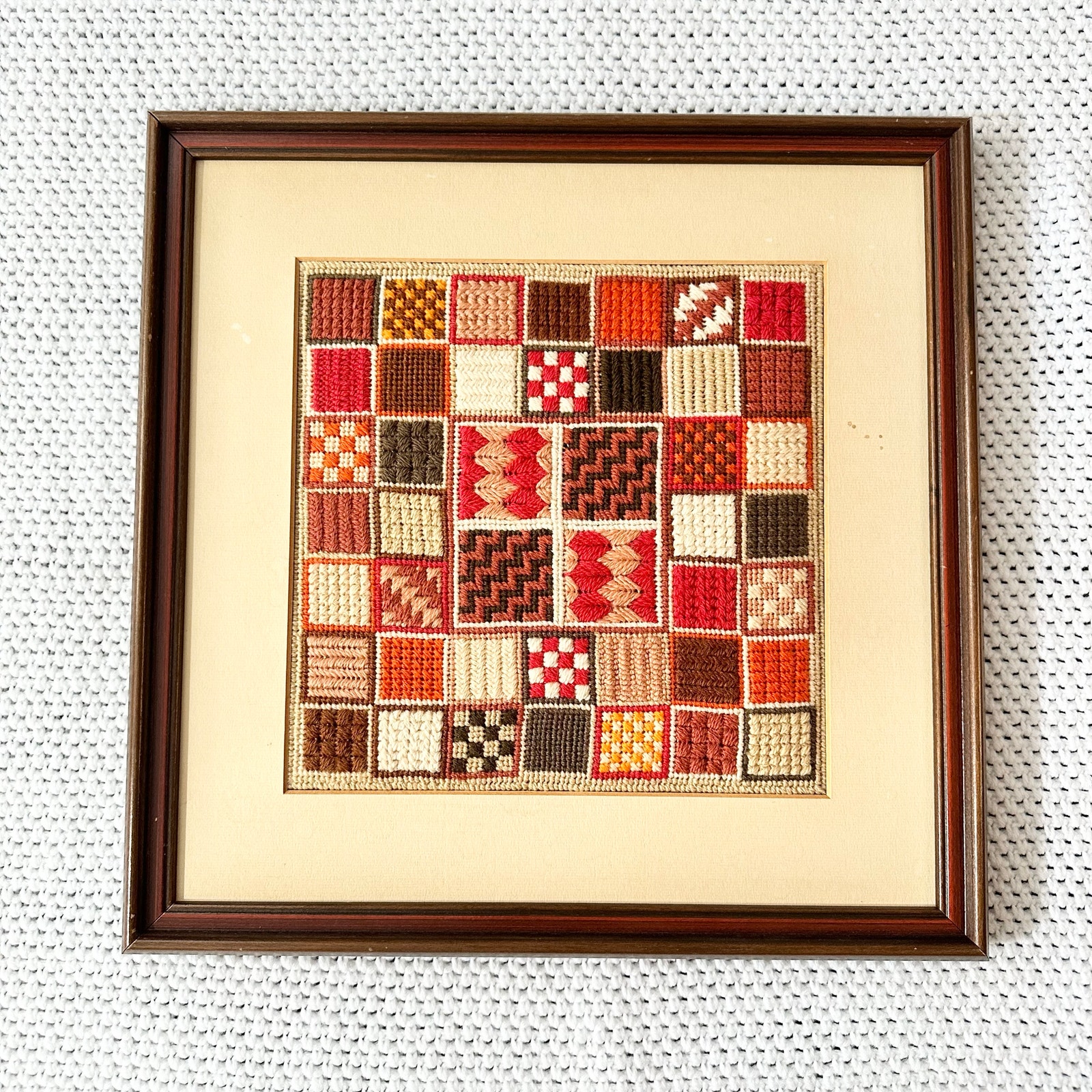 Vintage Handmade Geometric Granny Square Needlepoint Framed Artwork Red Pink