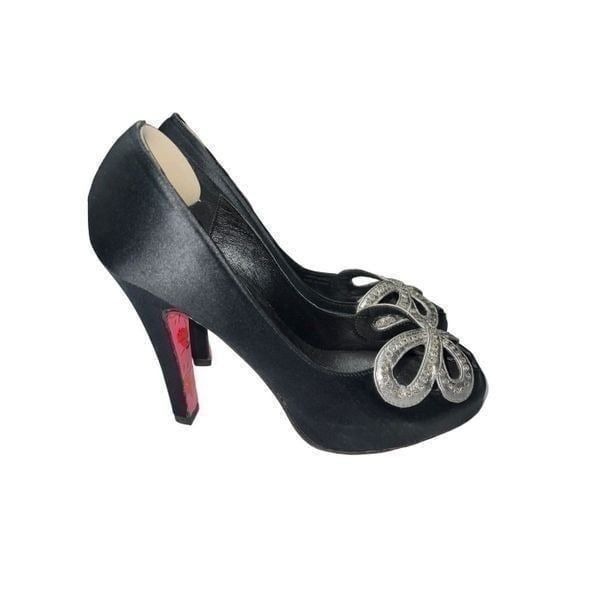 Betsey Johnson Wesley II Black/Silver Satin Platform Heels Pumps Pink Floral Sol