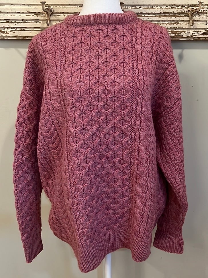 Isle of Skye Wool Cable Knit Sweater Pink Fisherman Scotland size XXL