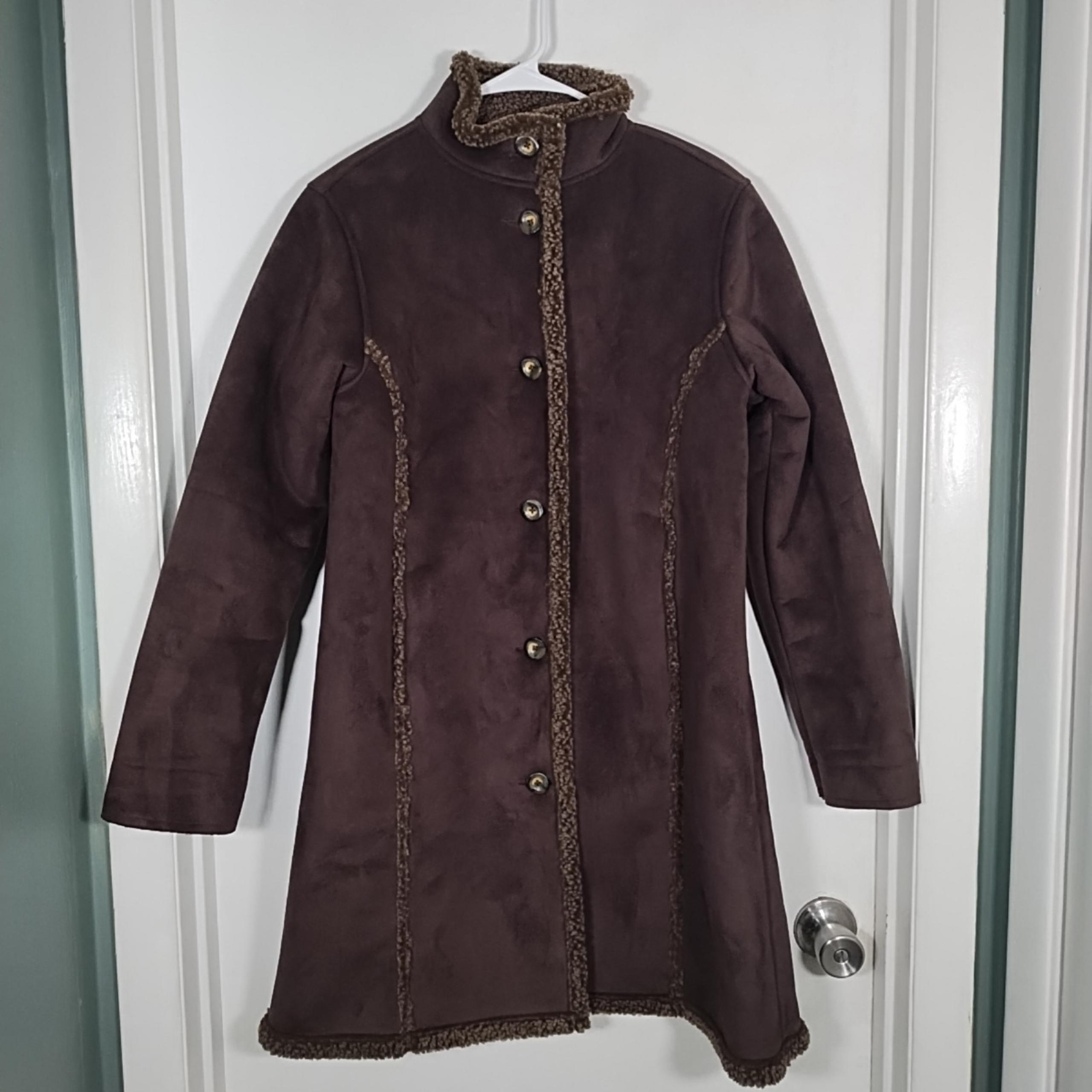 L.L. Bean Faux Suede Women's XS Petite Trench Coat Brown Sherpa Lined Jacket