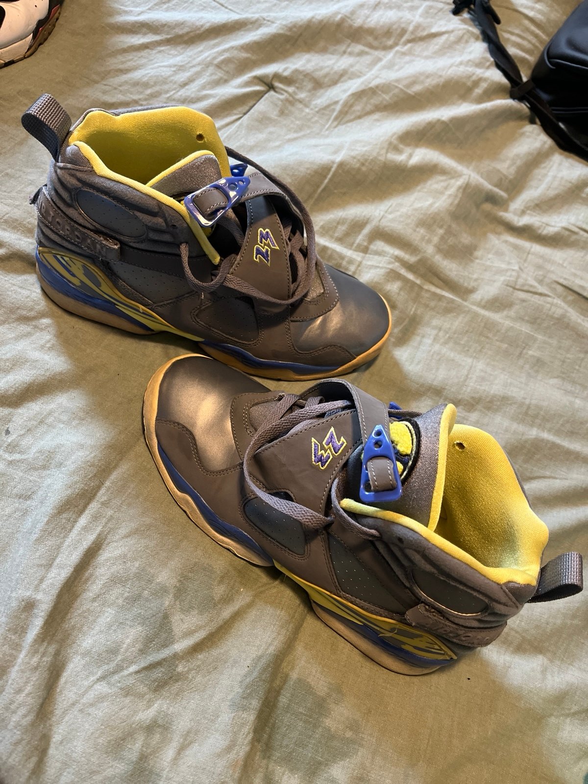 Air Jordan YOUTH 6.5 Silver w/Neon lime green & Royal  Blue STRIPES