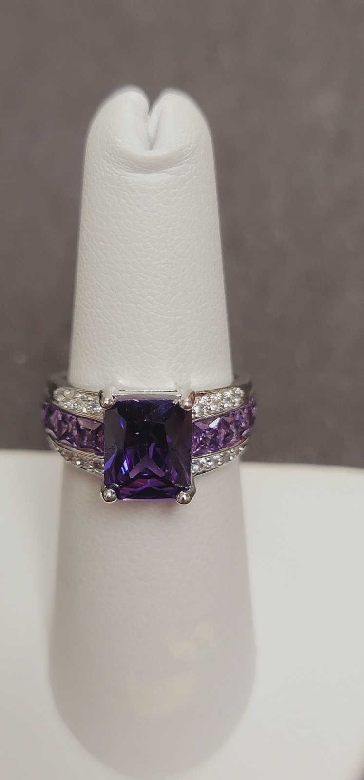 R621 Elegant Amethyst CZ Cocktail Ring. Size 6.5
