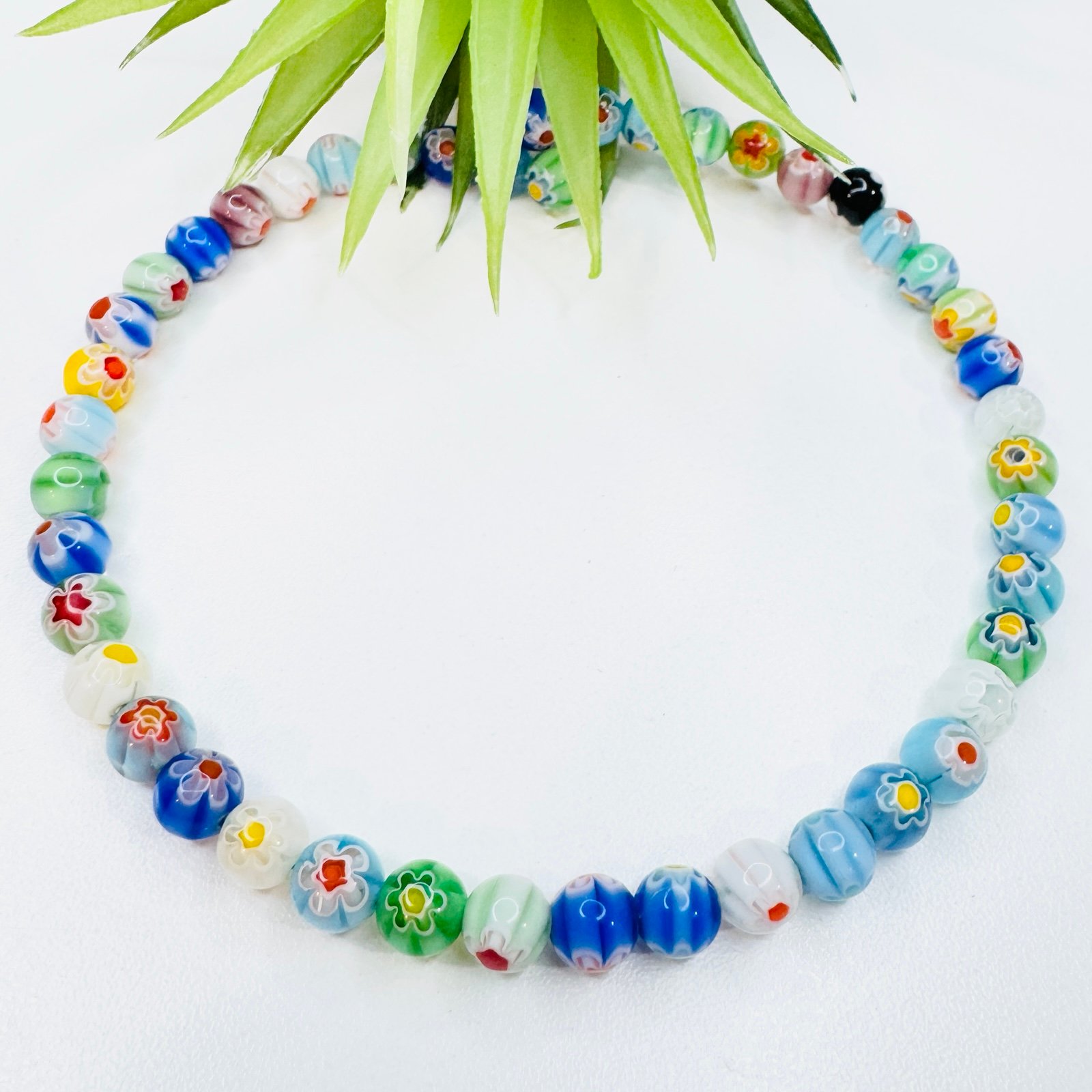Vintage 90’s Millefiori Multicolor Flower Glass Round Beaded Choker Necklace