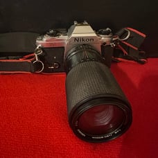 Vintage Nikon FG 35mm Film SLR w/ 200mm Lens and Camera Strap