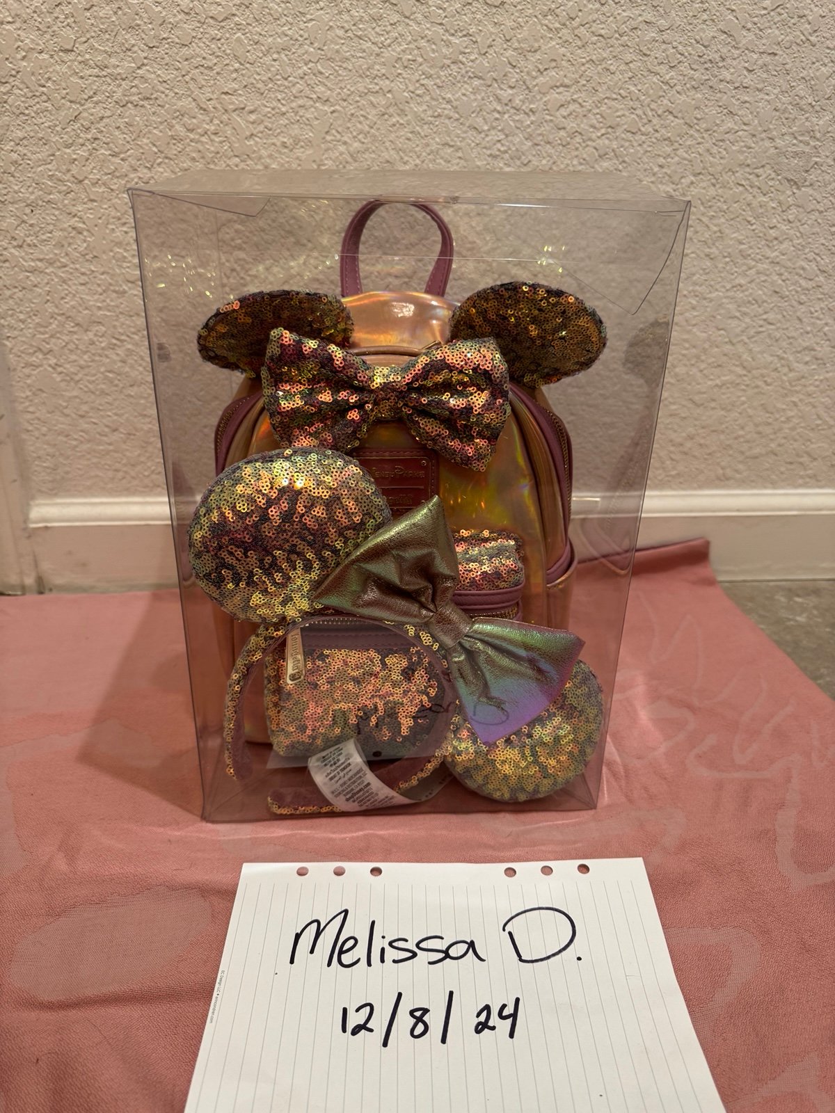 Loungefly 50th Disney Parks Iridescent Sequin Mini Backpack and matching Ears