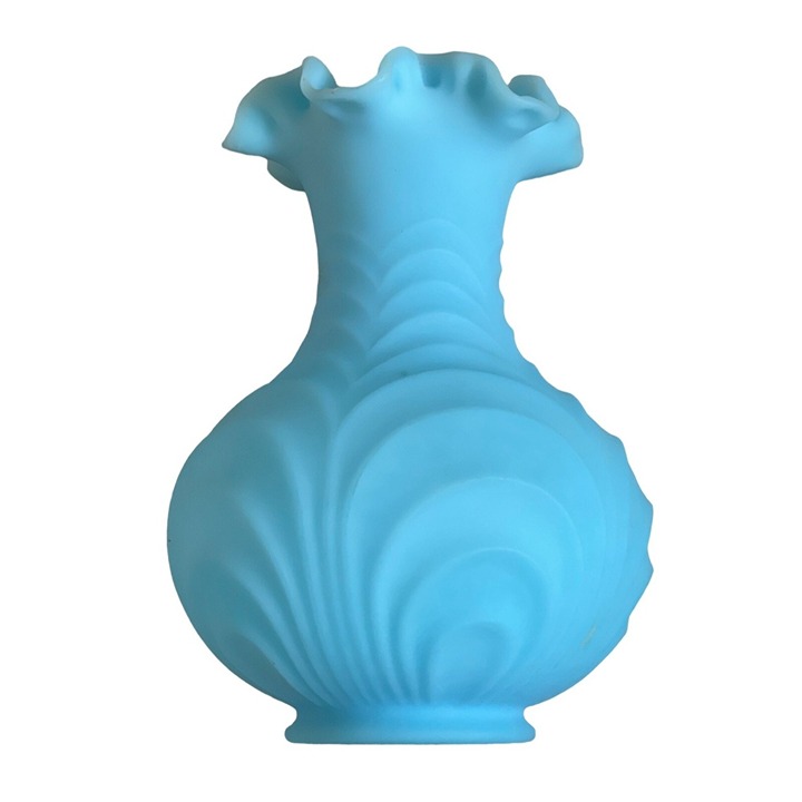 Fenton Vase Blue Satin Shell Bulbous Drapery Style Crimped Ruffle Edge 8