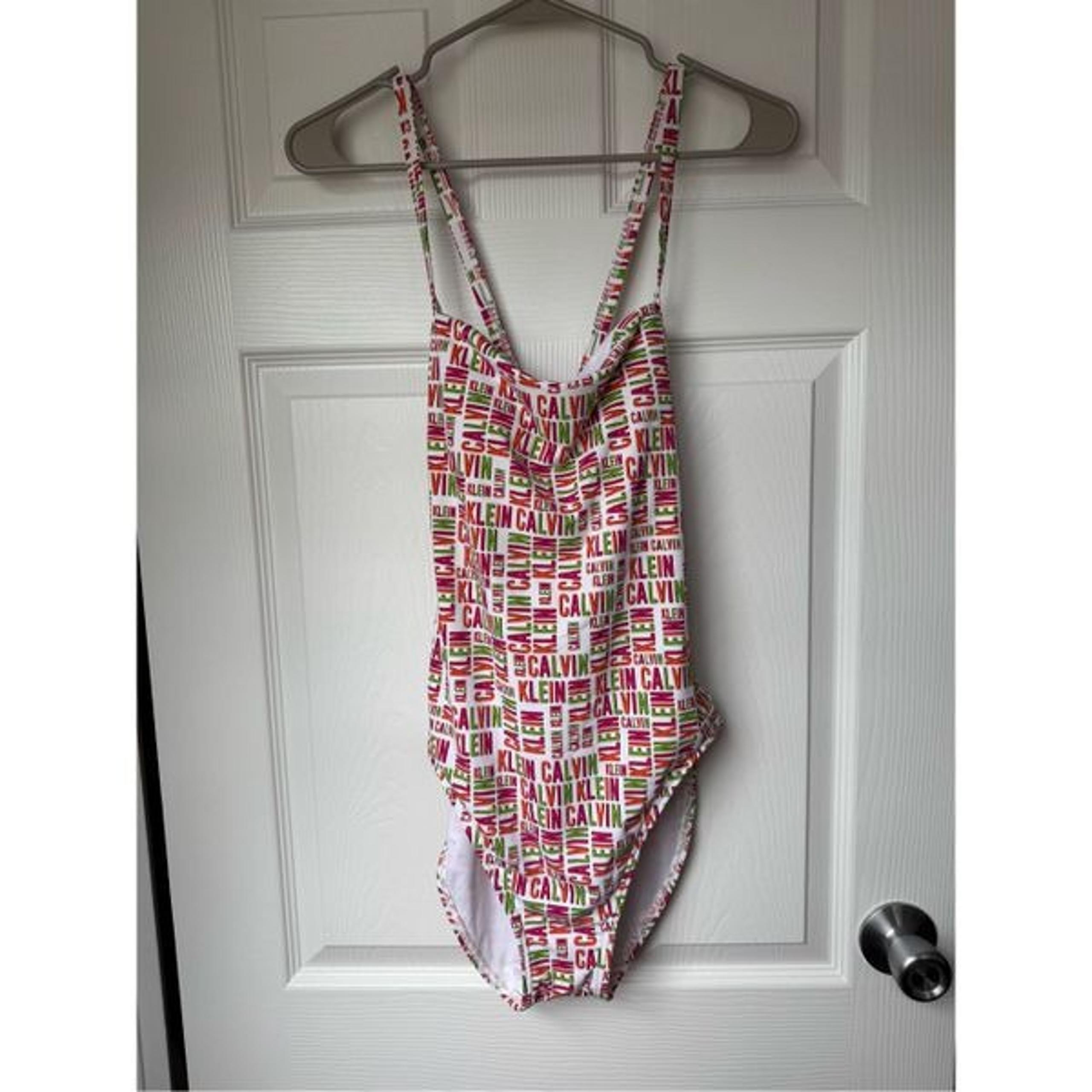 Calvin Klein One Piece Swim Suit Padded Size 12 Women's White Pink Green Spellou