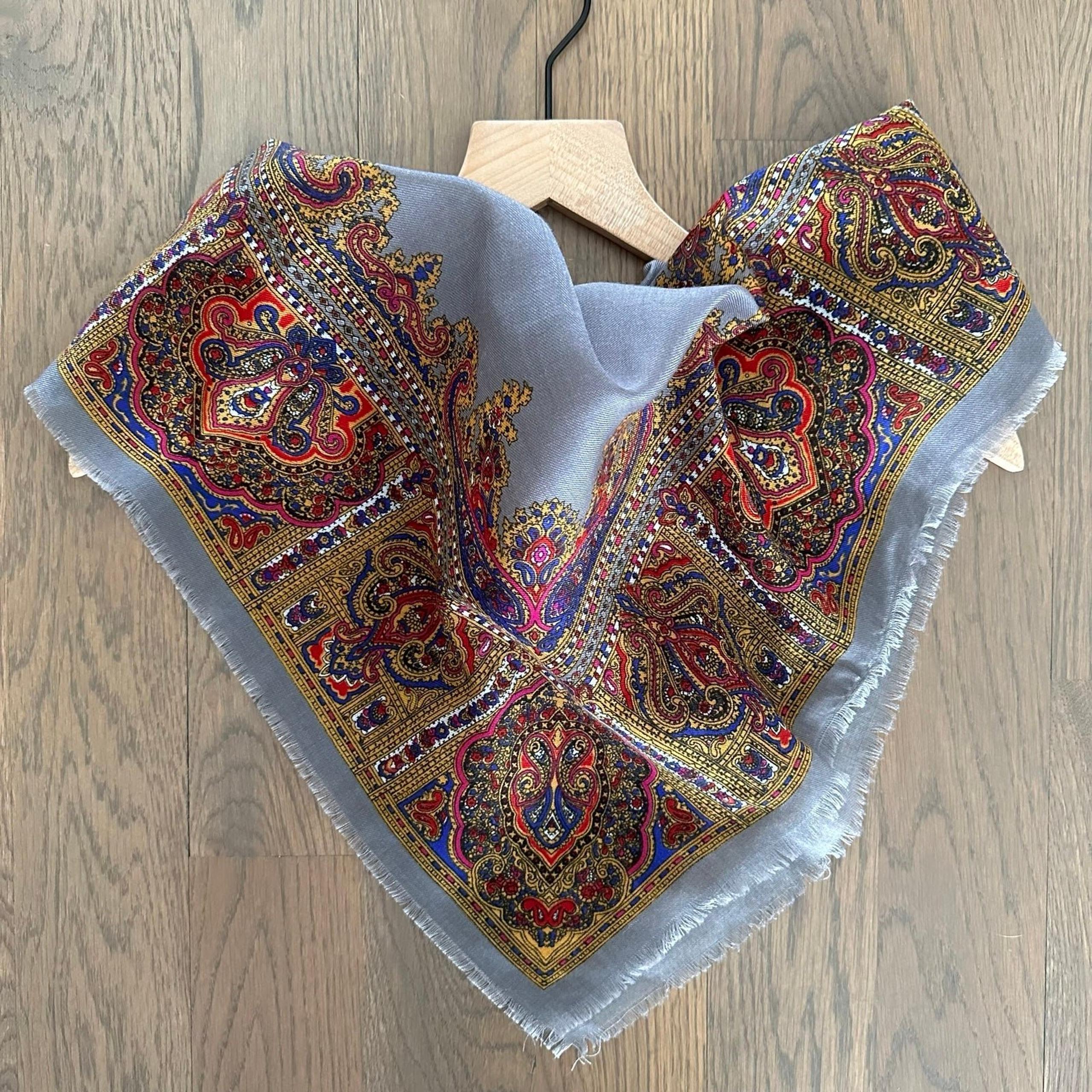 Madewell Paisley Fringe Edged Scarf in Grey, Red, Black, Purple 26" Square
