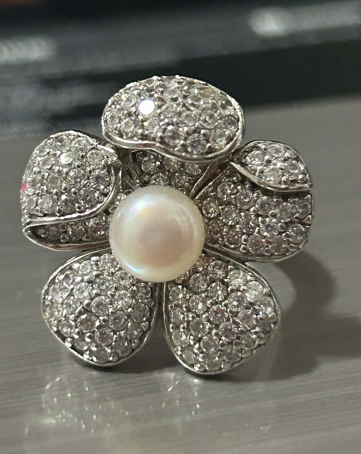 Custom made 925 Sterling Silver sparkling cz pearl flower chunky cocktail ring