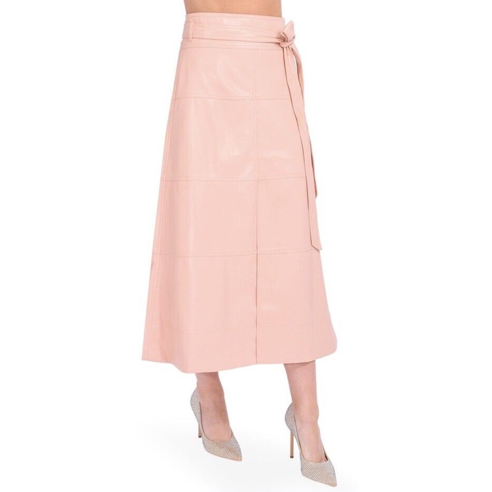 Tanya Taylor Hudson Skirt Pale Peach Pink Midi Size 6 Vegan Leather Belted