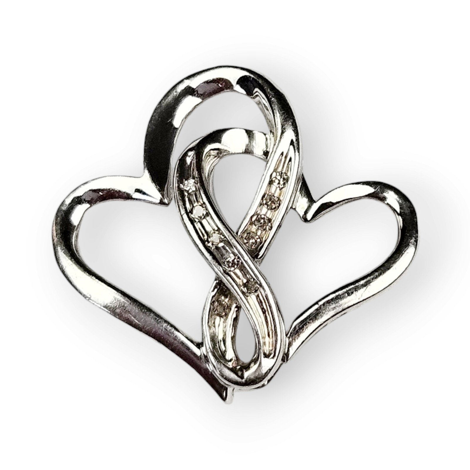 Genuine Diamond Double Heart Pendant Rhodium Plated Sterling Silver 925 7/8