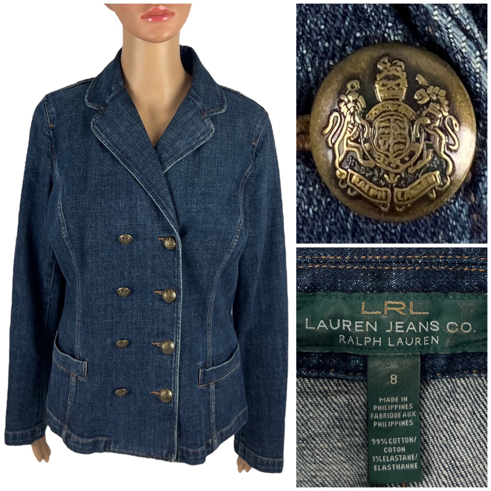 Ralph Lauren Women 8 Jacket Denim Double Breasted RL Blazer Crest Buttons Blue