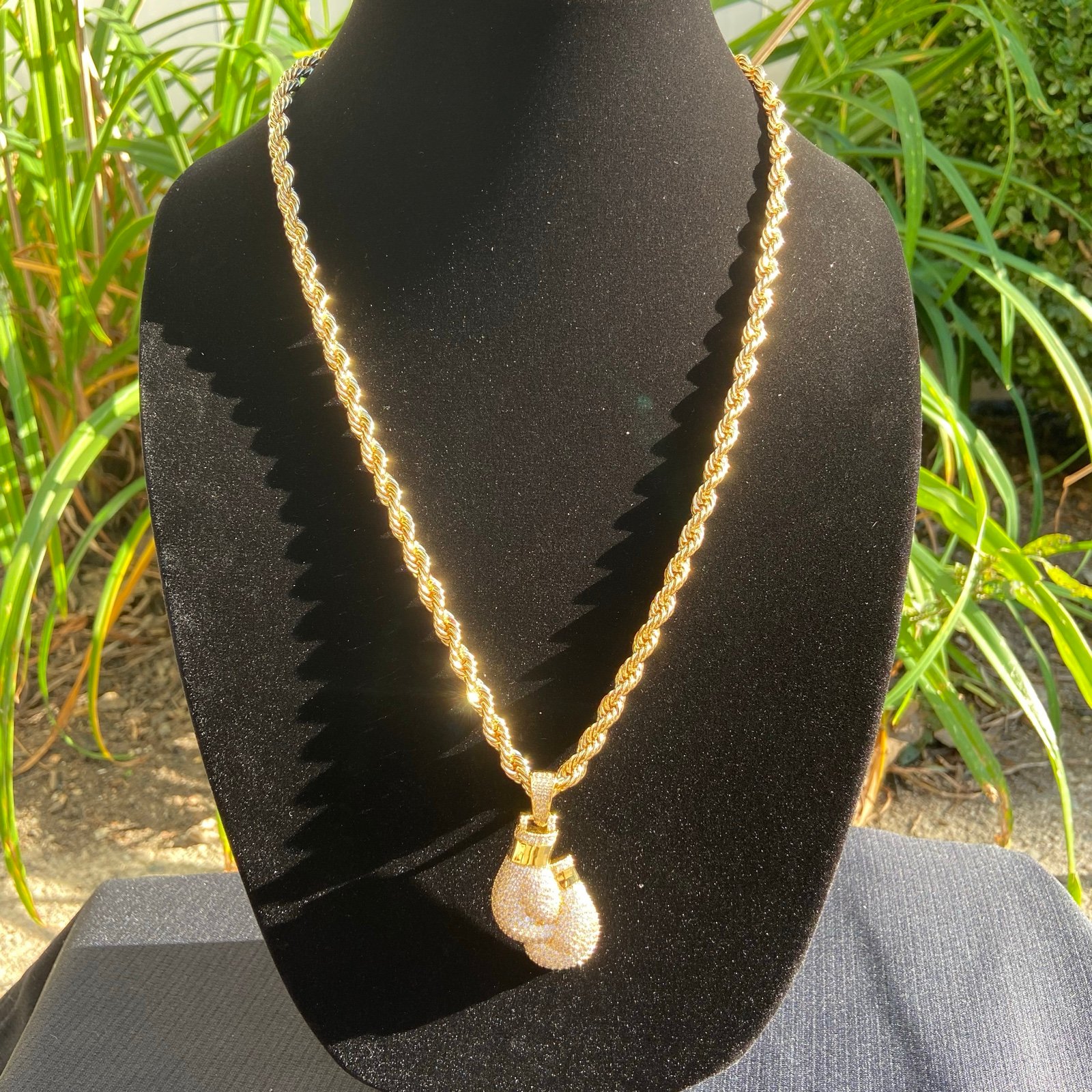 Gold Chain Rope Chain 24in 6mm and Icy Boxing Gloves Pendant Set