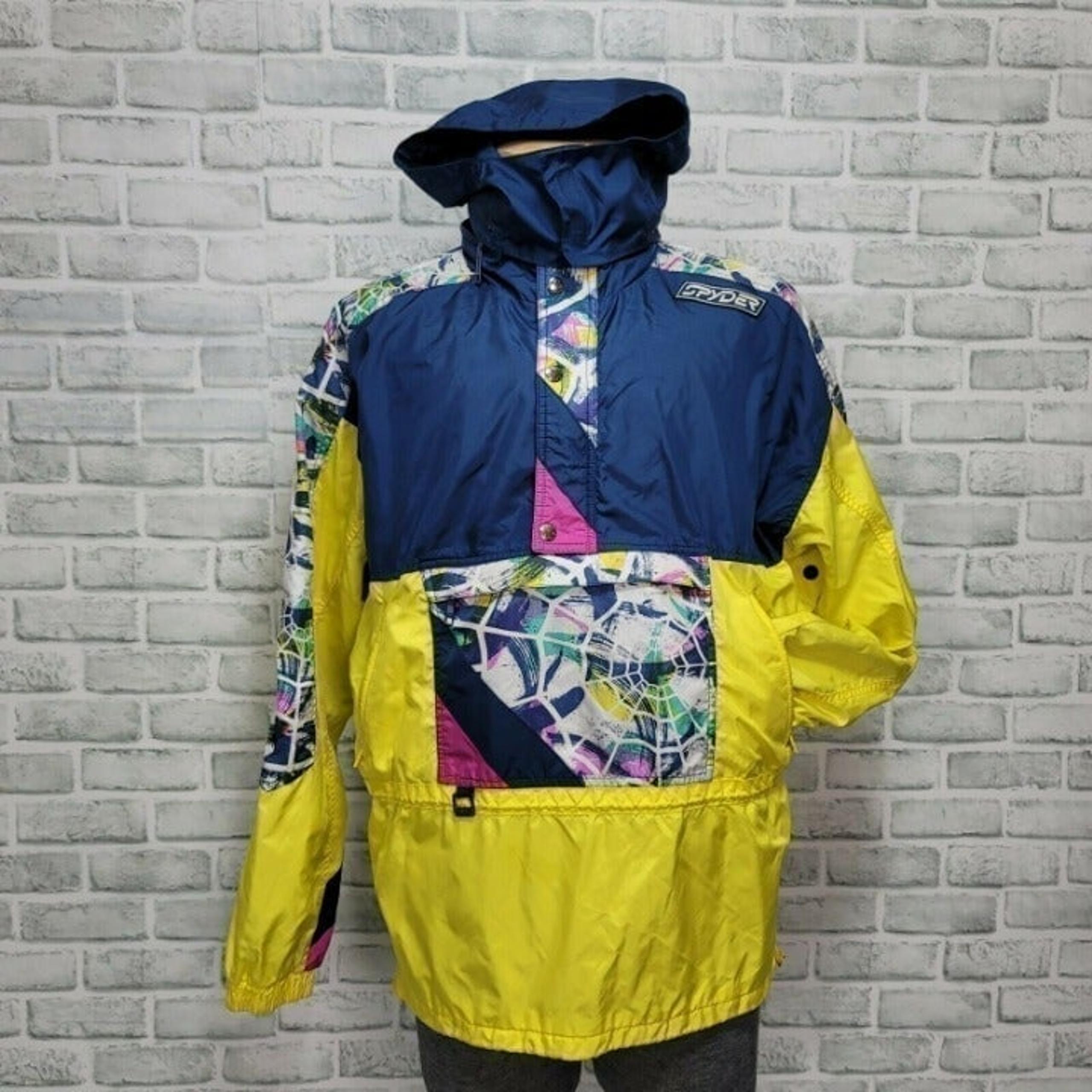 Vintage 90s Spyder Mens L Bright Colorful Abstract Pullover Hooded Windbreaker