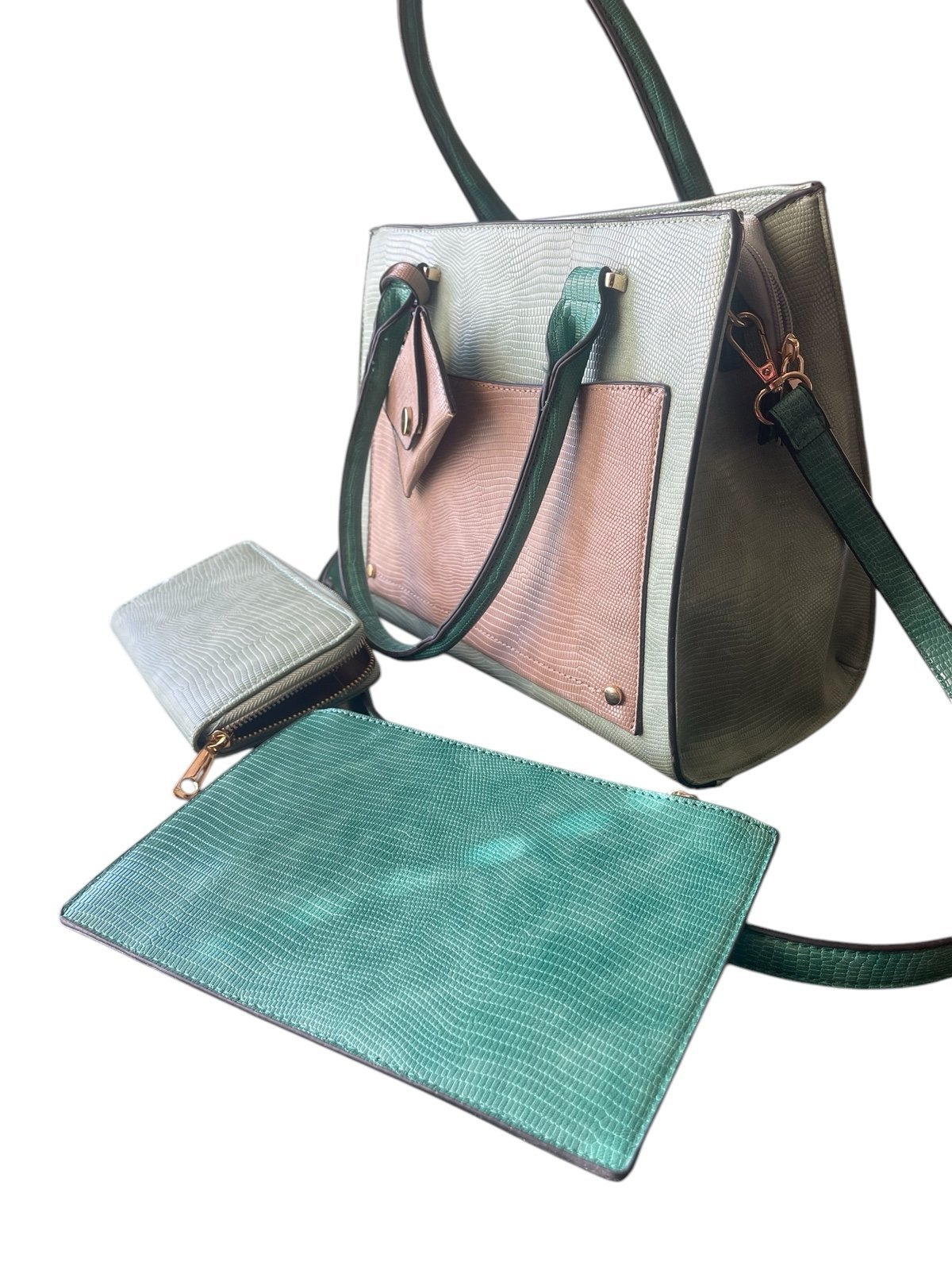 3-Piece G3-Piece Green Faux Lizard Textured Handbag Set - Purse, Wallet & Pouch