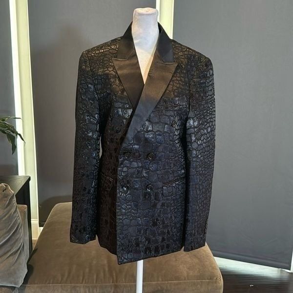 Black Patterned Double Breasted 2 Piece Suit Tuxedo Size 34 Jacket 29/31 Pants