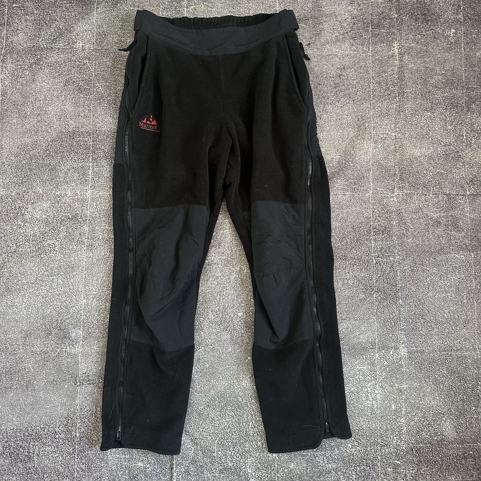 Mens Vintage 90s Marmot USA Fleece Double Knee Front Black Red Jogger Pants Sz L