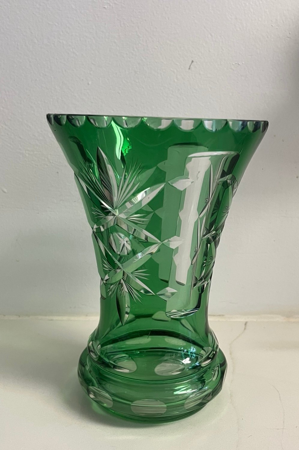 Vintage Czech Bohemian Emerald Green Cut to Clear Crystal Glass Vase