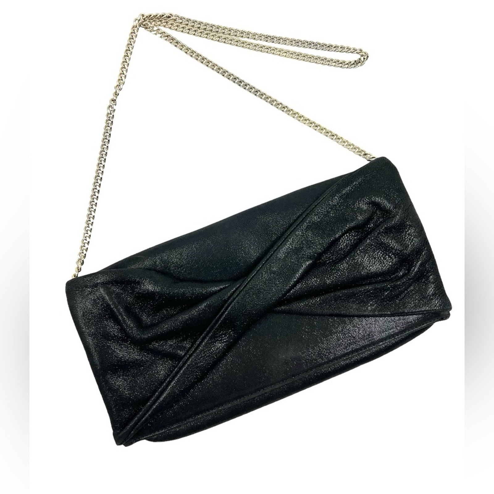 Reiss Dressy Suede Metallic Pleated Beau Chain Black Evening Clutch Baguette