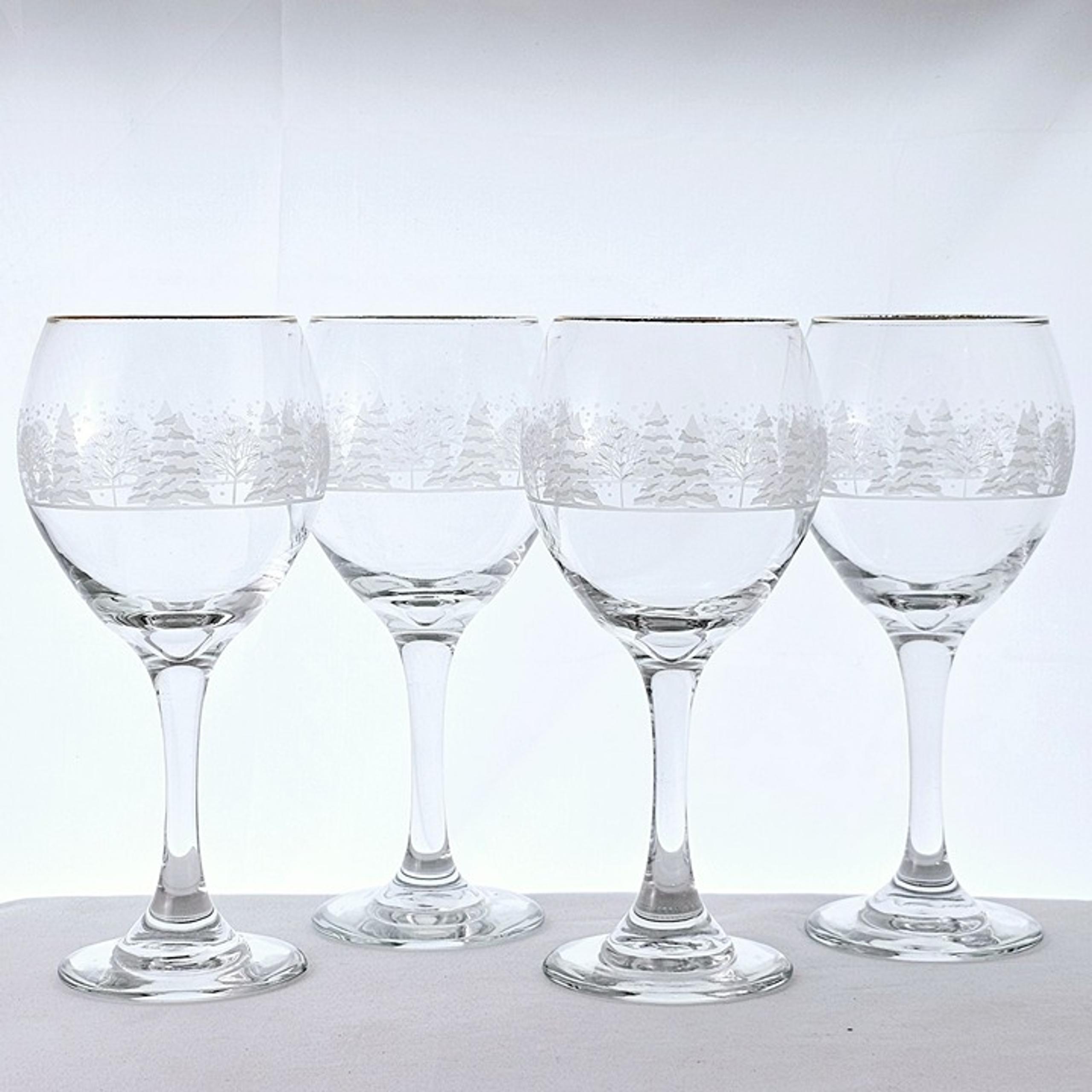 Lynns China Pines Glasses 10oz set/4 Winter Scene white trees gold rim, rounded