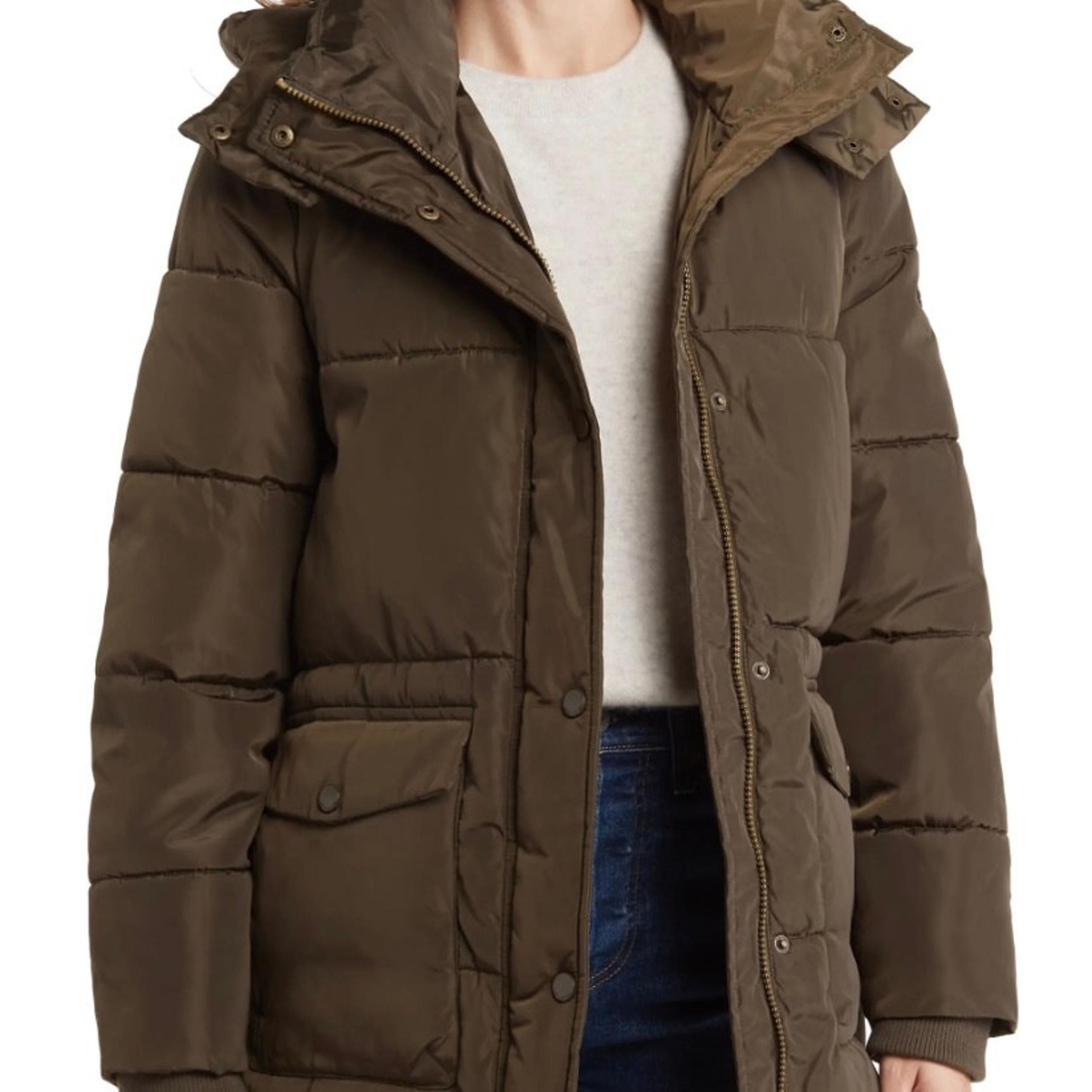 Puffer Jacket Size L Parka Coat Quilted Fingertip Army Green Hooded - Lucky Brand
