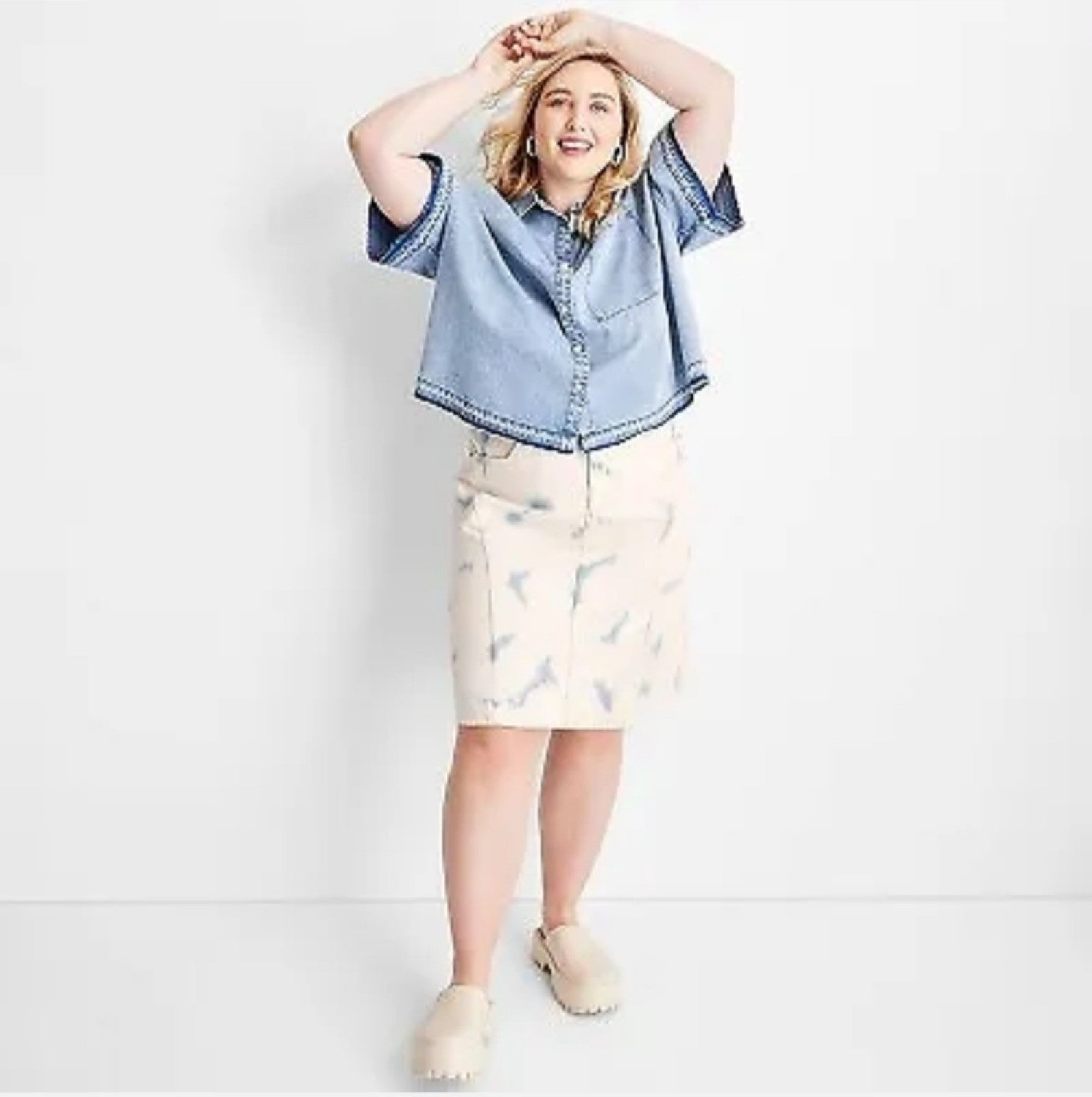 2pc Women's High-Rise Midi Denim Skirt - Future Collective & Denim Shirt 18/ 1X
