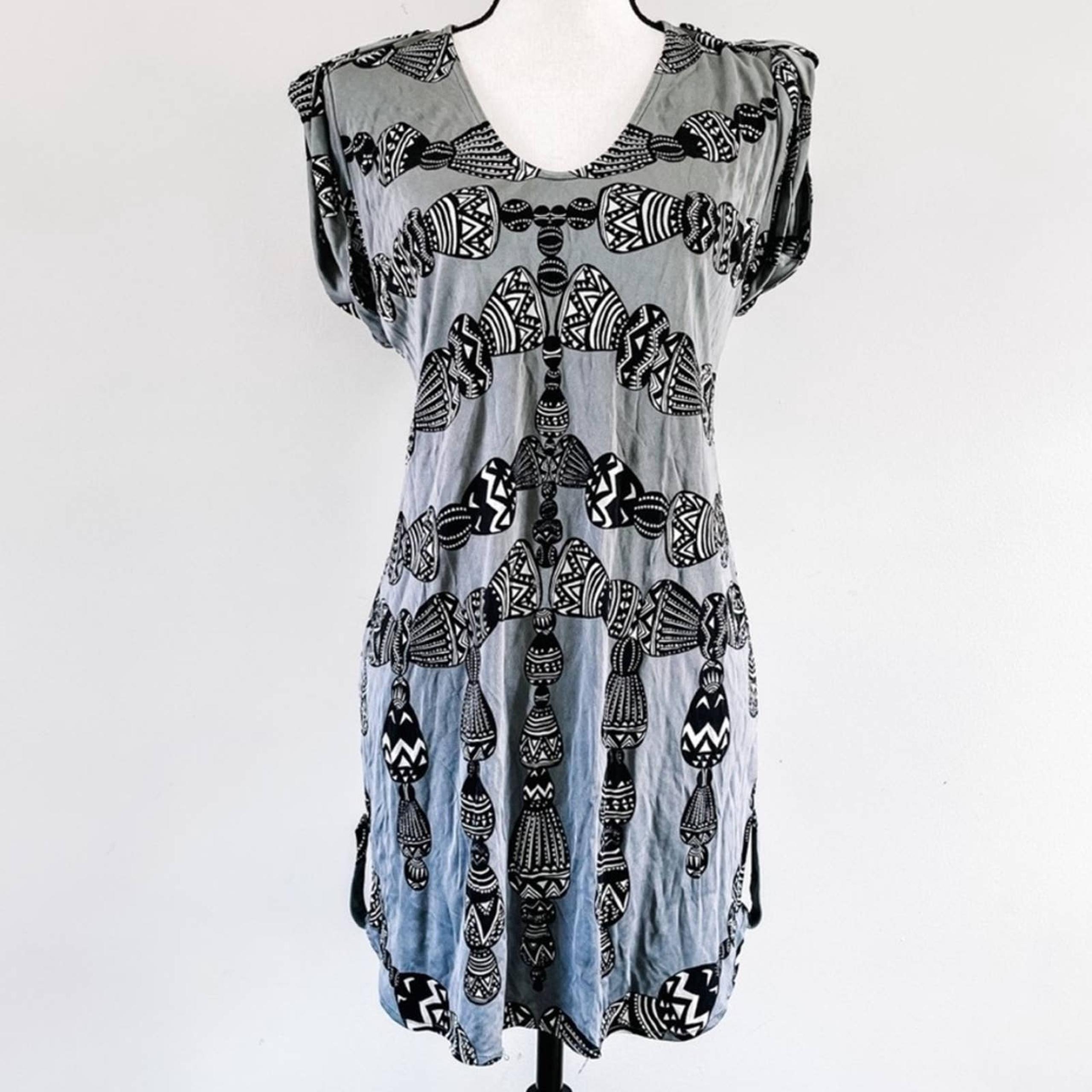 Mara Hoffmann Gray Black Pattern 100% Silk Vneck Tunic Dress Sz M