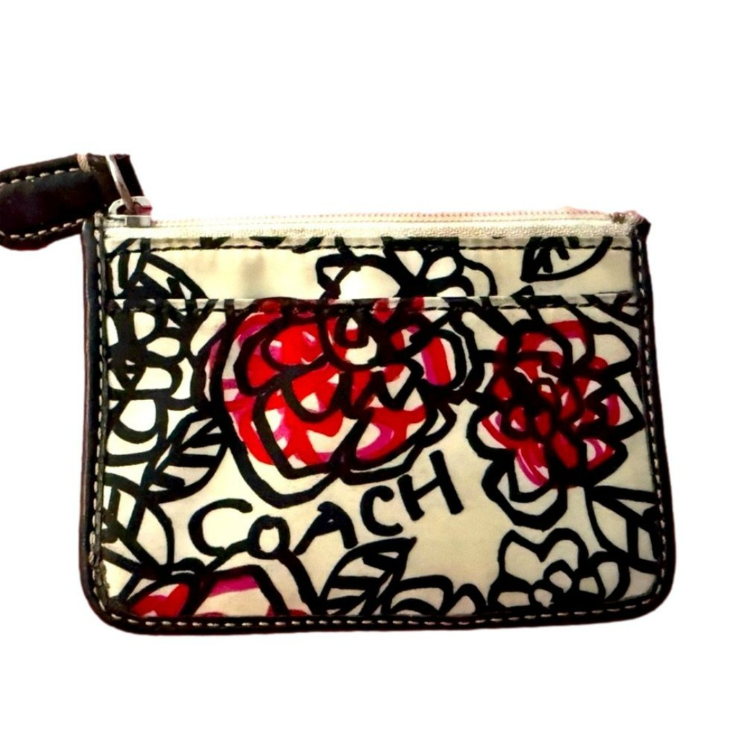 COACH Poppy Graffiti Key Chain Card Case Holder Coin Purse Wallet Leather Trim