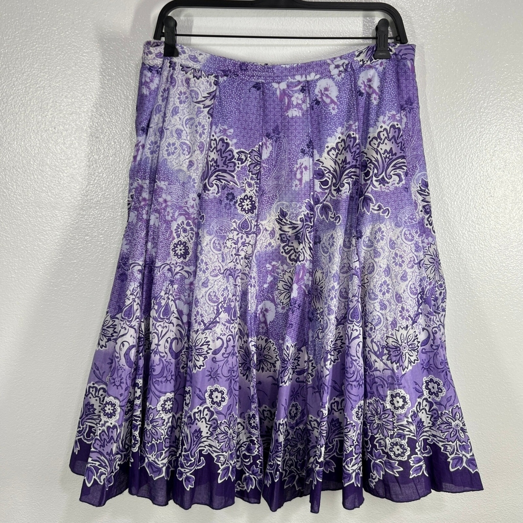Coldwater Creek 100% Cotton Skirt Paisley Print Purple Midi Casual Petite Large