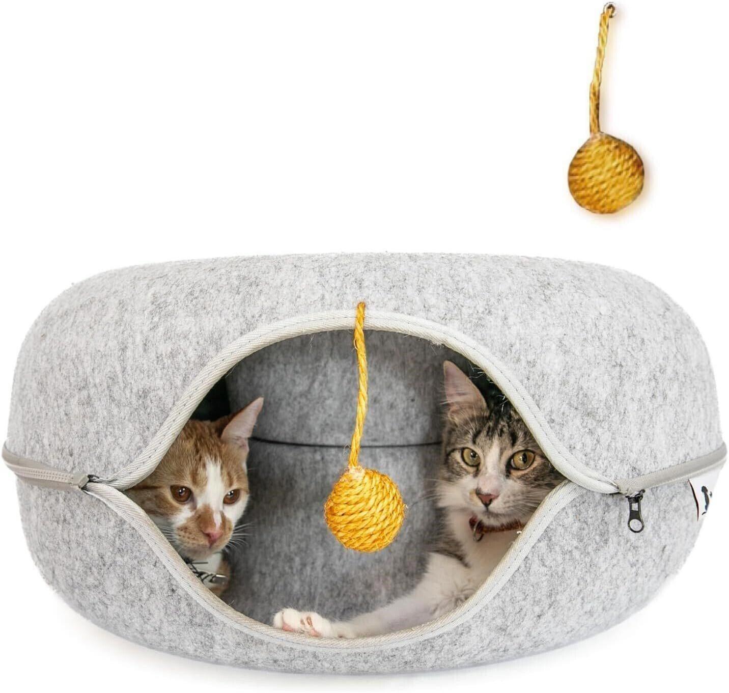 24 Inch Peekaboo Cat Cave, Large Cat Tunnel Bed for Indoor Cats, Detachable Felt