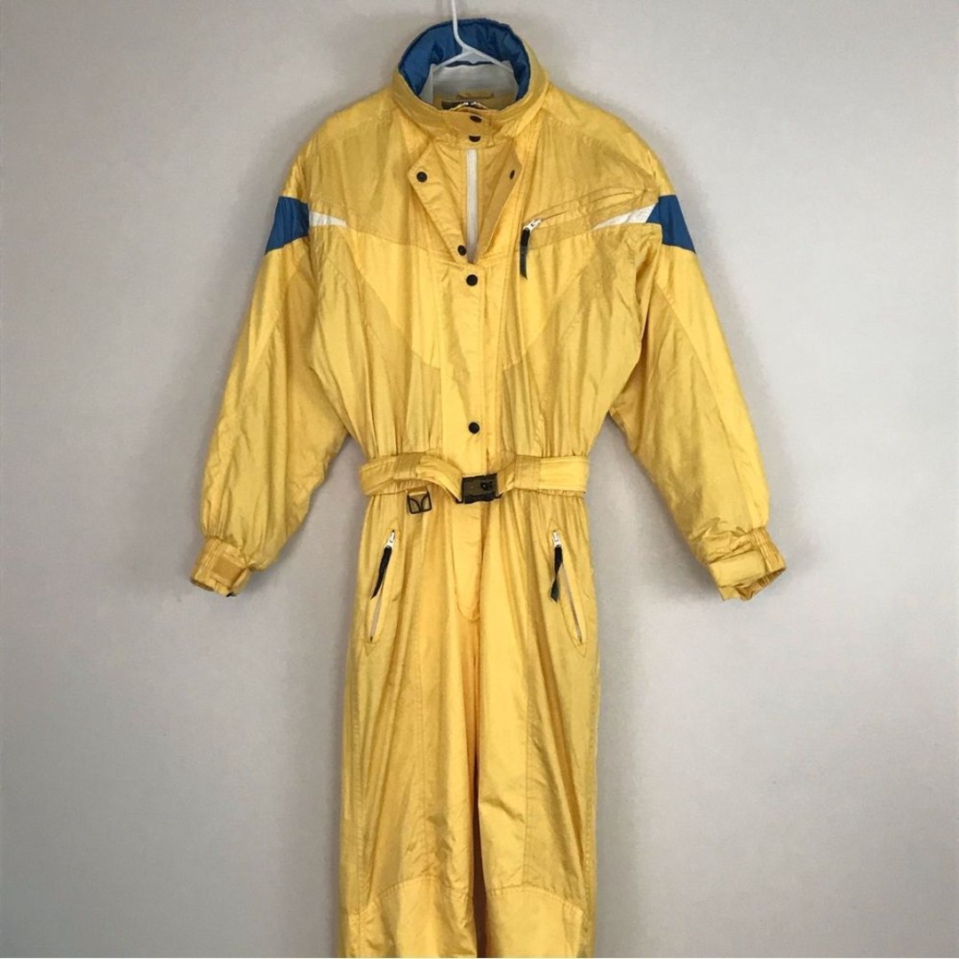 Vintage Couloir Womens Sz 10 Snow Suit Ski Jumpsuit Yellow Blue Zip Button Up