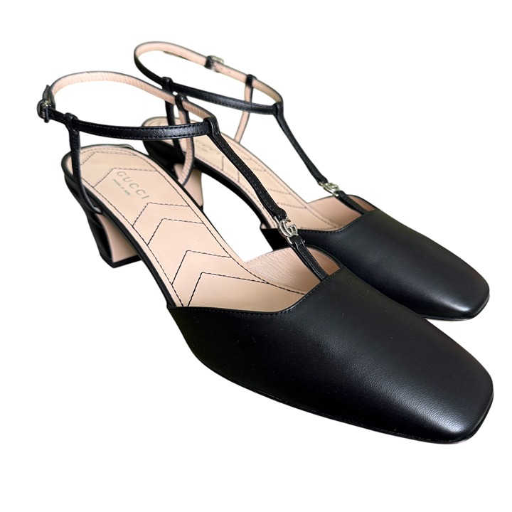 Gucci 723446 Double GG Kitten Heels Ankle Strap Pumps, Black, Leather 40.5