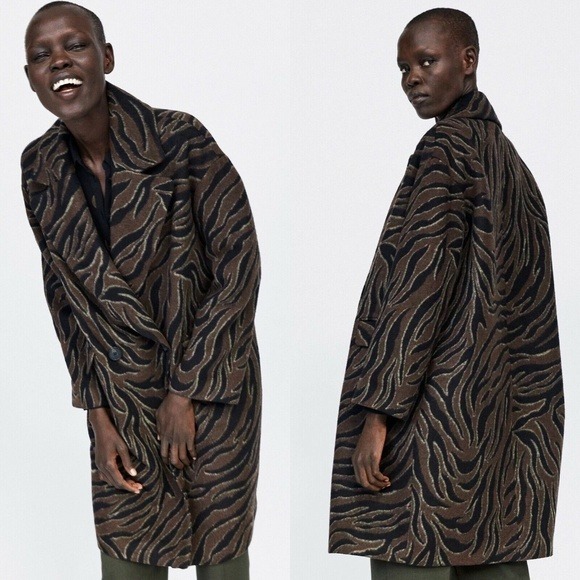 Zara Animal Print Zebra Over Sized Double-Breasted Pea Coat Brown/Black Sz S NWT