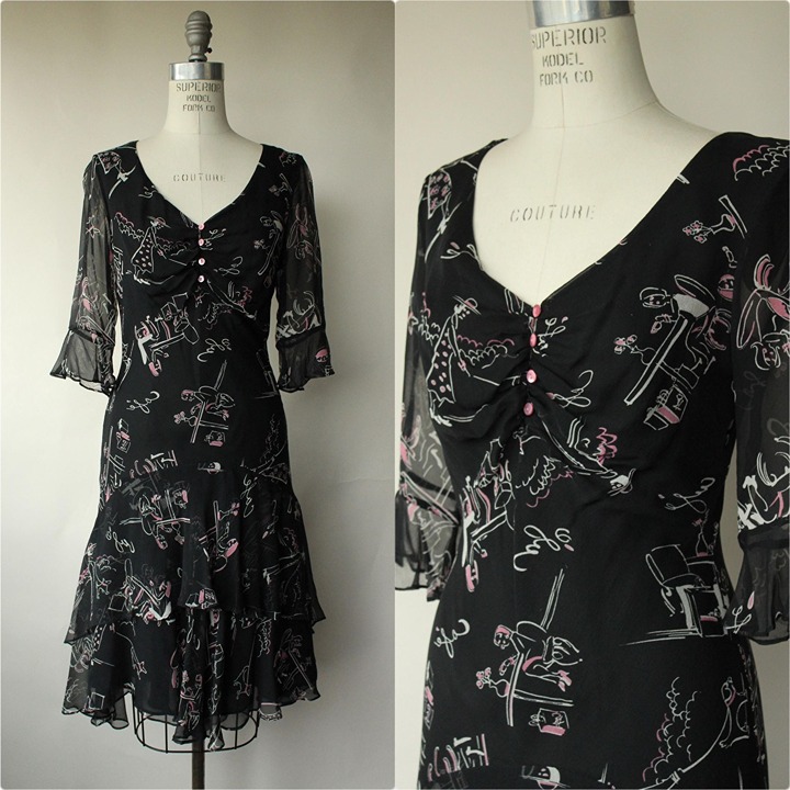 Vintage 1990s Dress, Ice Black Silk Cafe Print Frock, Does 1930s