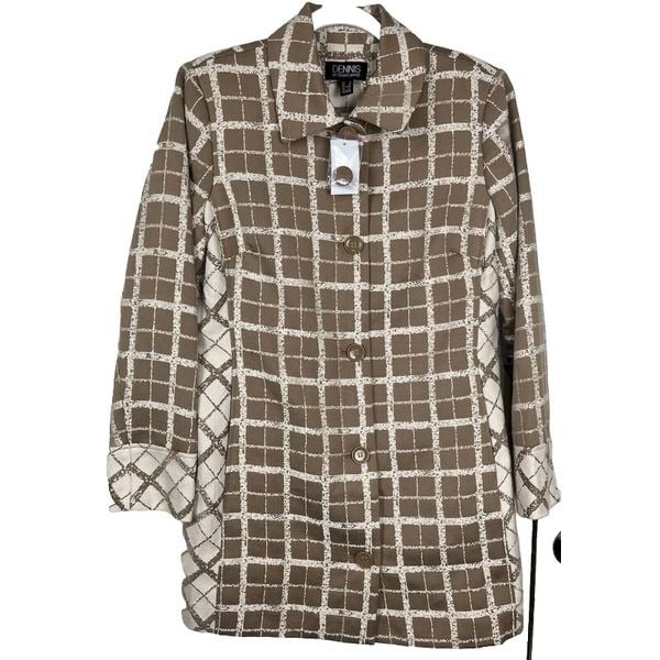Dennis Basso Women's Plaid Button Front Topper Pockets Cream Tan Size 8 NWT