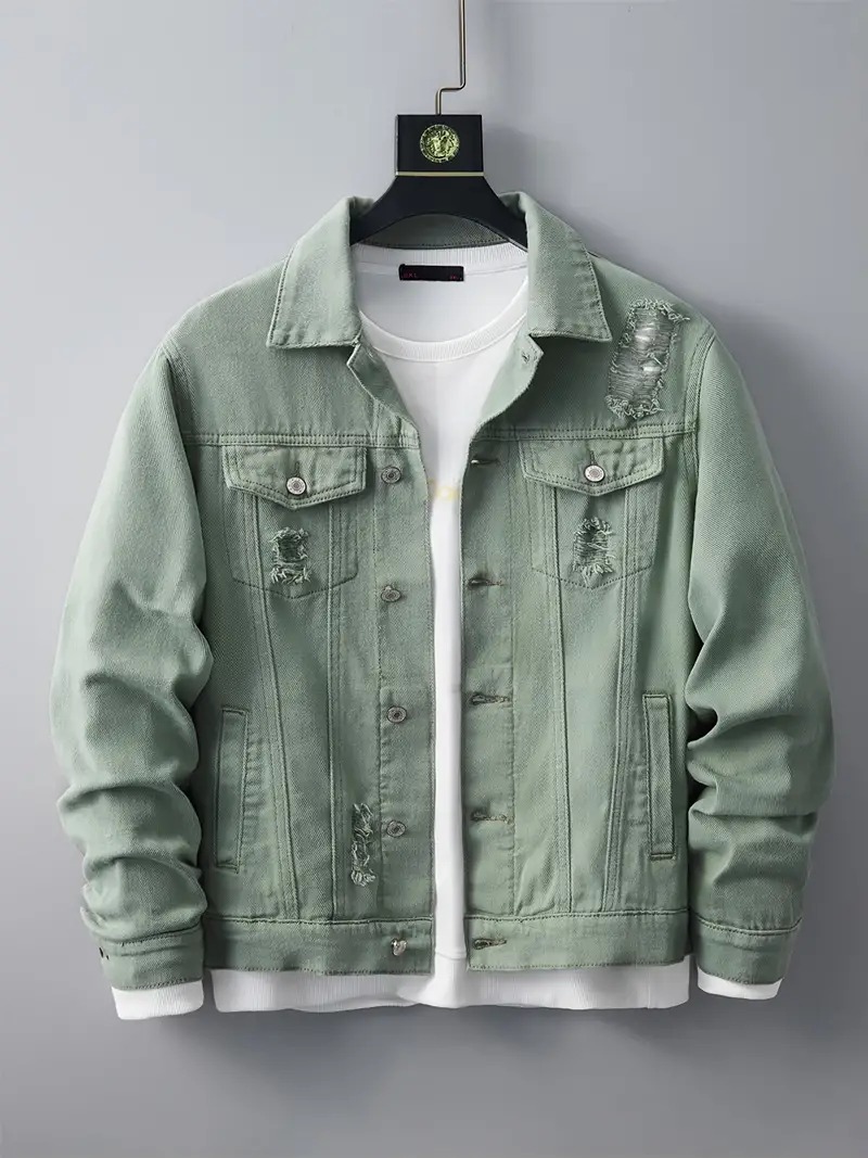 Men's Ripped Lapel Pocket Casual Denim Jacket
