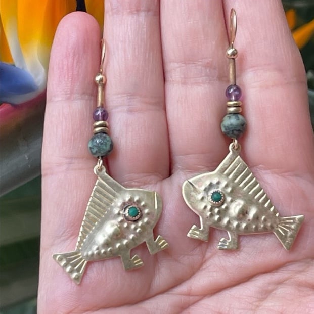 Signed walking fish Axolotl brass multi gem drop earrings