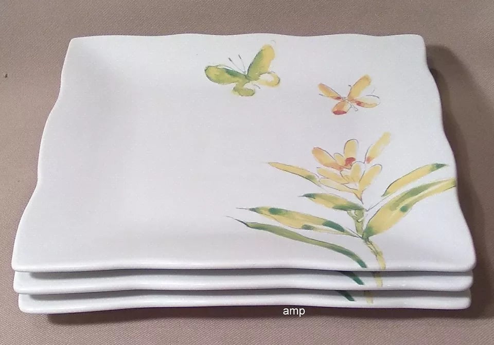 222 Fifth (PTS) Butterfly Flight (3) Salad Plates (8 ) green & yellow EXCELLENT!