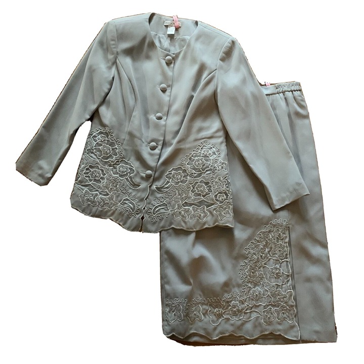 NEW Vtg Justin Taylor Gray Skirt Suit Button Jacket Beaded 2 Piece Career Set 12