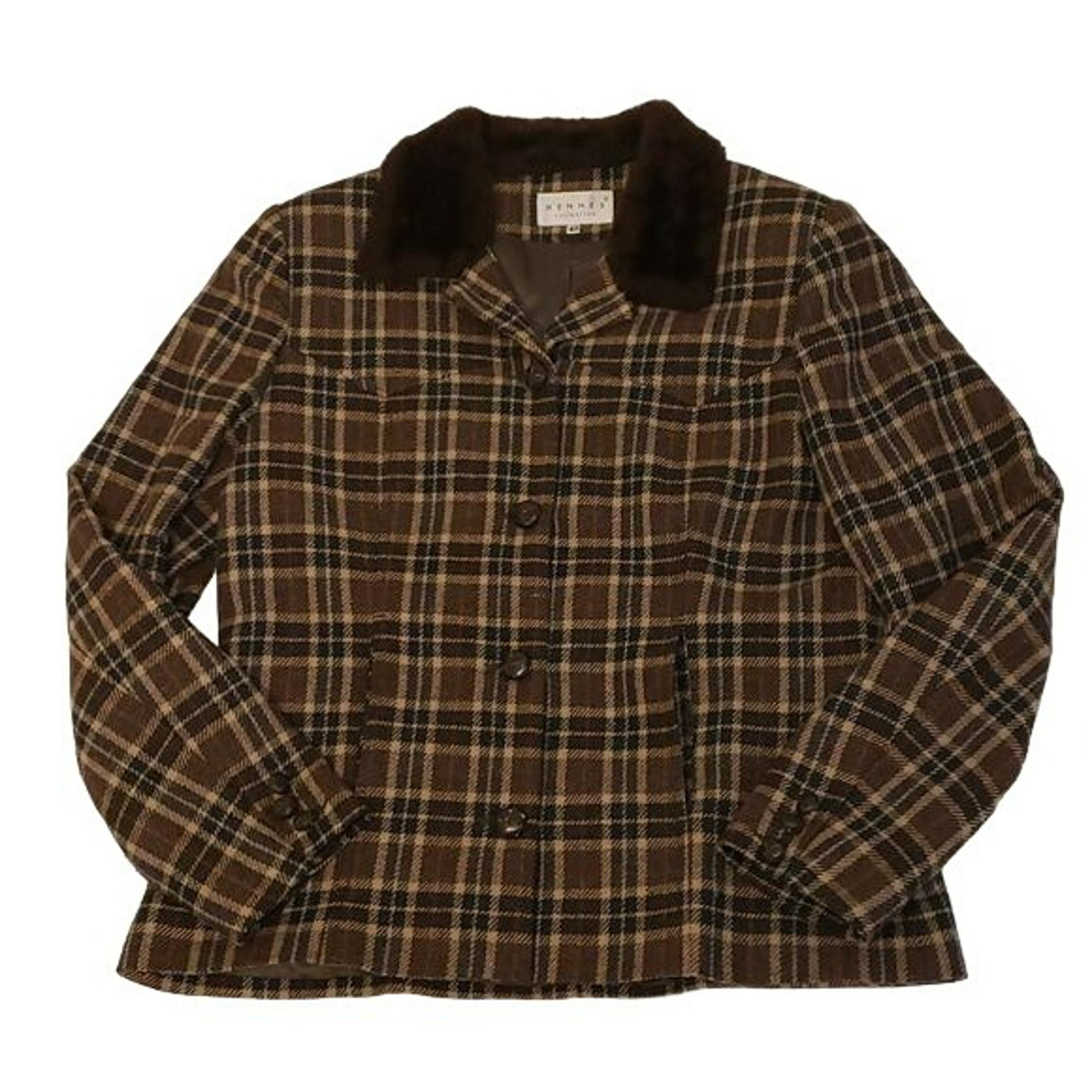 H&M Hennes Collection Short Pea Coat Plaid Fur Collar Brown Tan 40 Medium M