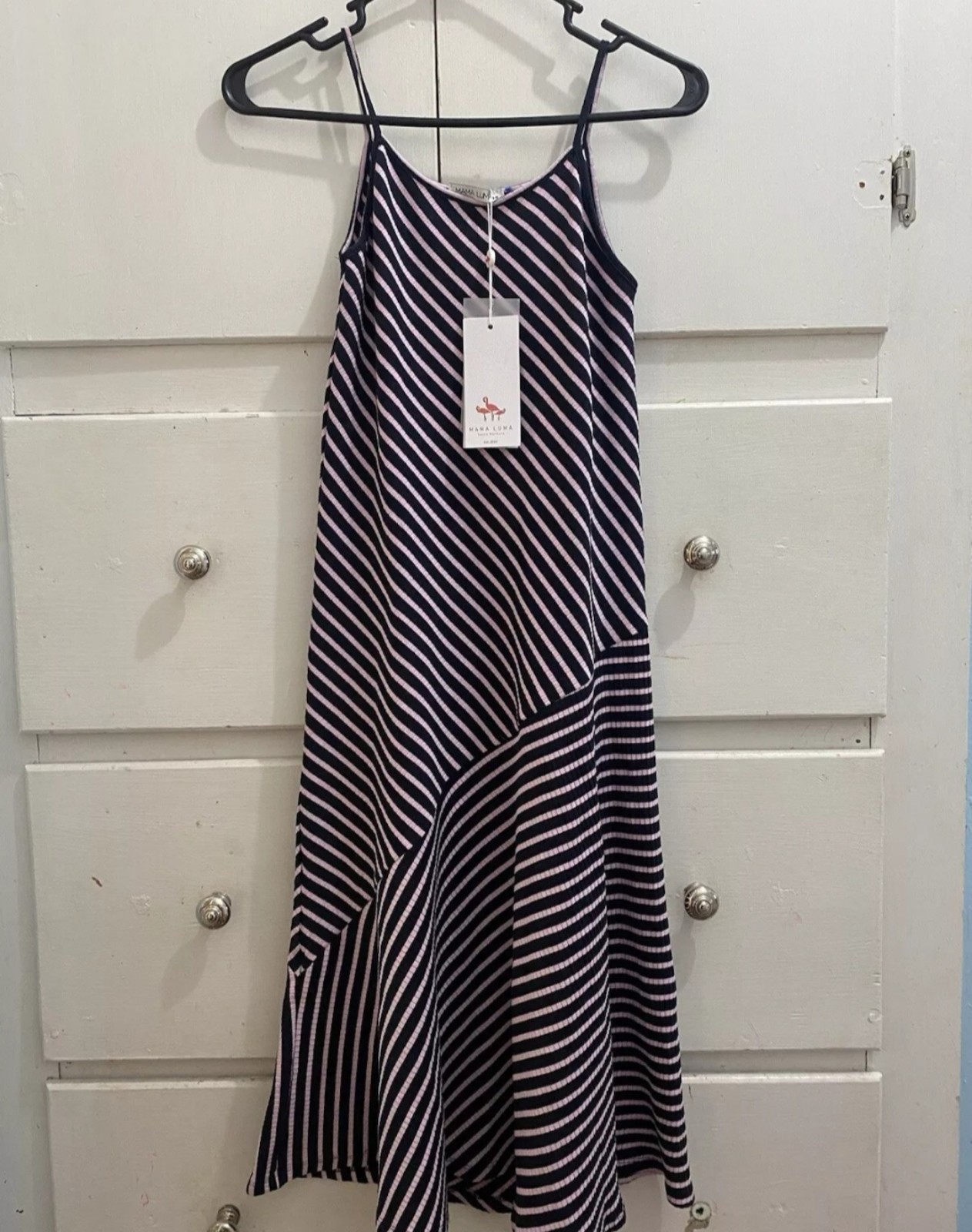 Mama Luma Girls Long Stripe Navy And Pink Dress NWT