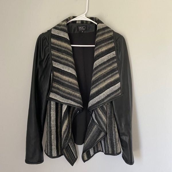 Vakko Sport Women’s Open Drape Front Faux Leather Wool Blend Jacket