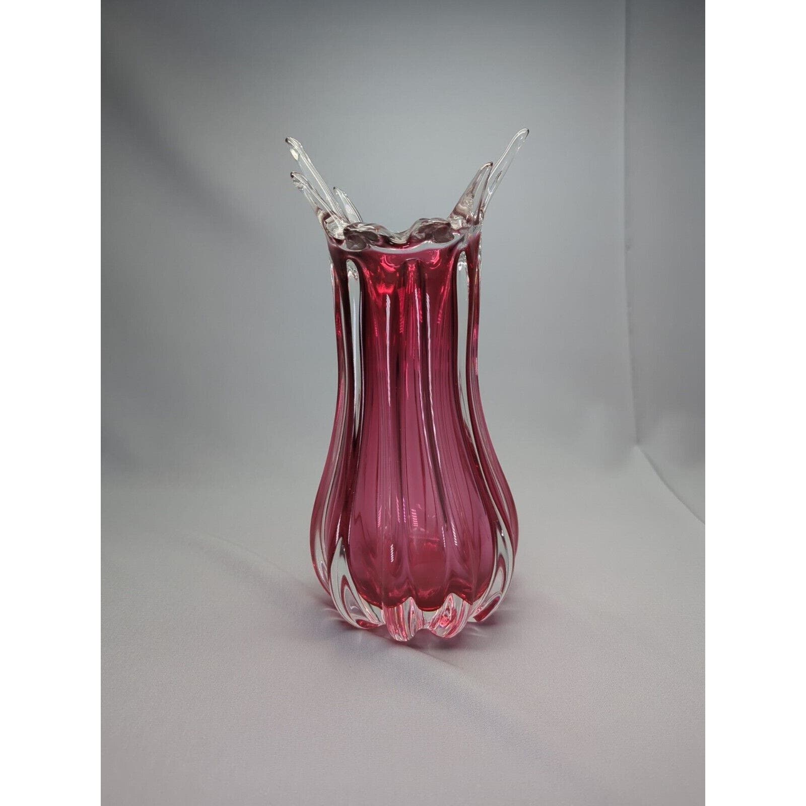 Chribska Handmade Glass 1414 Cranberry Red & Clear- 11.5